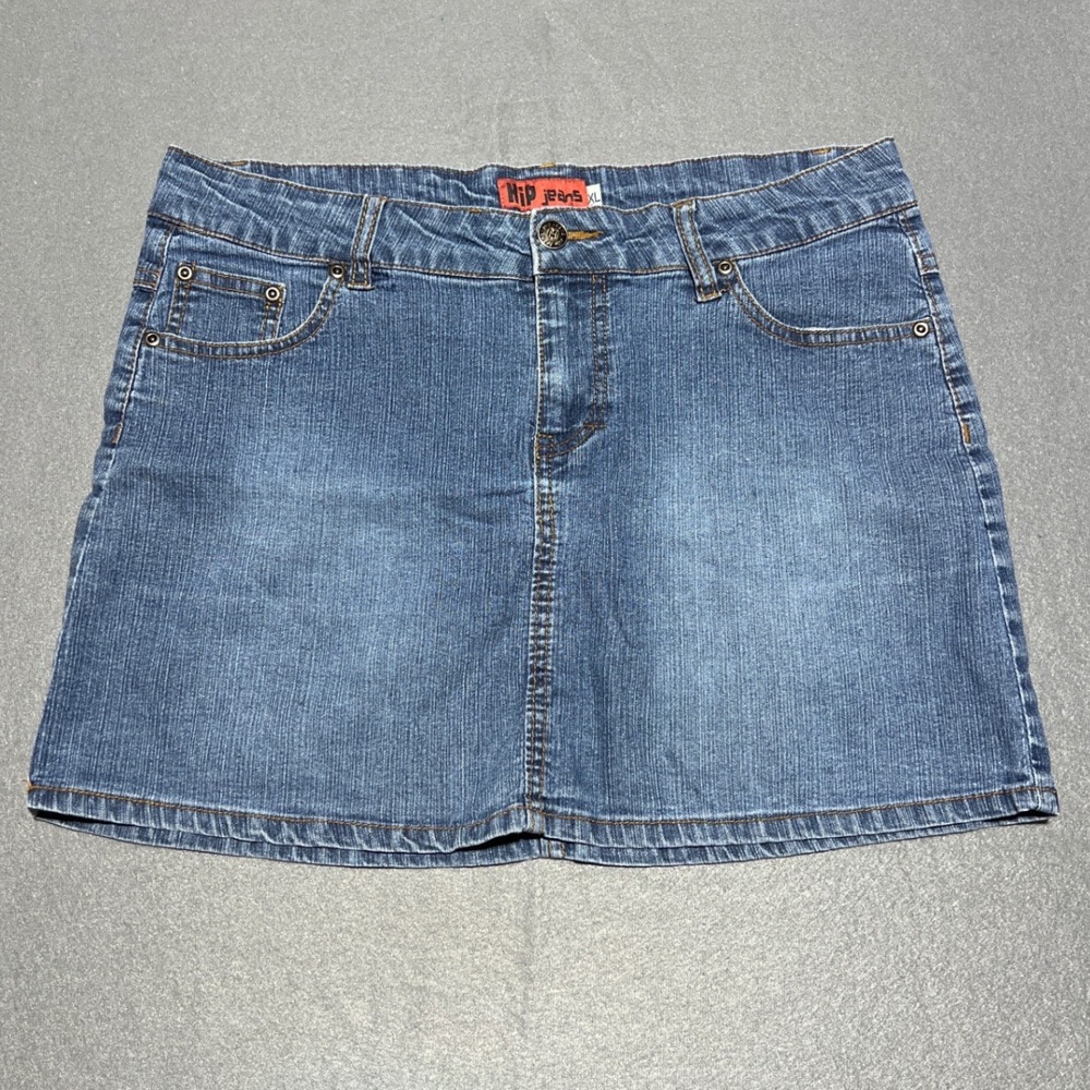Hip Jeans Blue Denim Mini Skirt XL Embroidered Wing Back Pockets Y2K RN110485